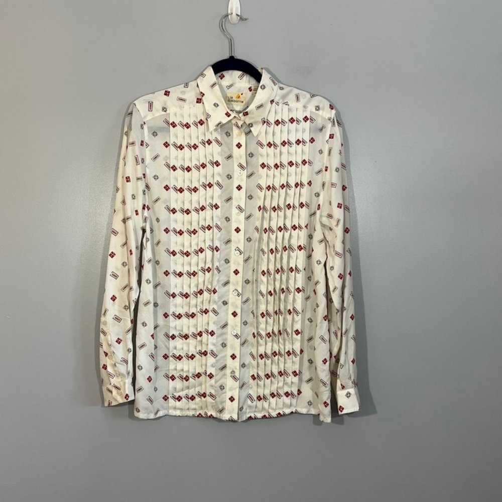 Vintage Liz Claiborne 100% Rayon Pleated Button-Down Blouse w/ Geometric Pattern